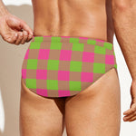 Pink And Green Buffalo Plaid Print Men's Swim Briefs