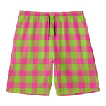 Pink And Green Buffalo Plaid Print Men's Swim Trunks