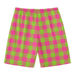 Pink And Green Buffalo Plaid Print Men's Swim Trunks