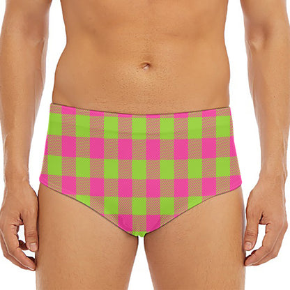 Pink And Green Buffalo Plaid Print Men's Triangle Swim Briefs