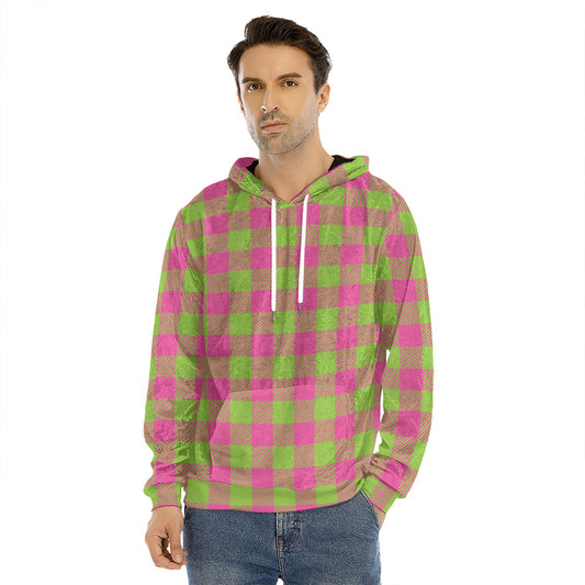 Pink And Green Buffalo Plaid Print Men's Velvet Pullover Hoodie