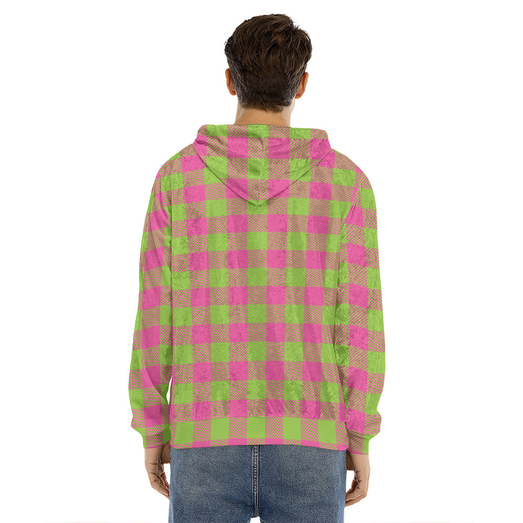 Pink And Green Buffalo Plaid Print Men's Velvet Pullover Hoodie