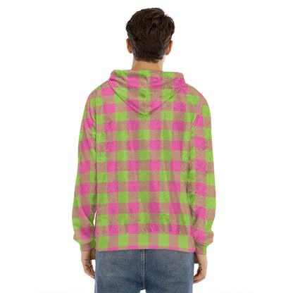 Pink And Green Buffalo Plaid Print Men's Velvet Pullover Hoodie