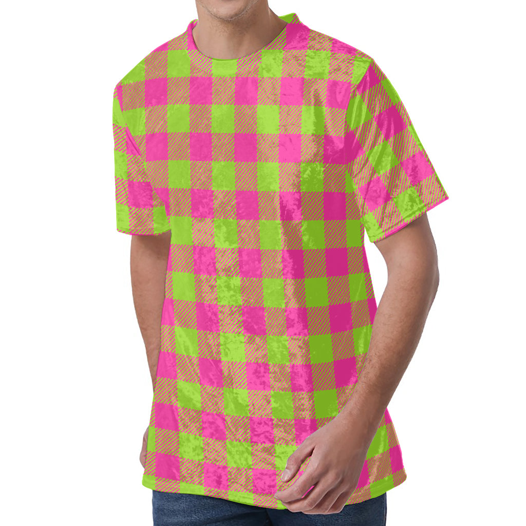 Pink And Green Buffalo Plaid Print Men's Velvet T-Shirt