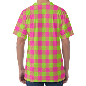 Pink And Green Buffalo Plaid Print Men's Velvet T-Shirt