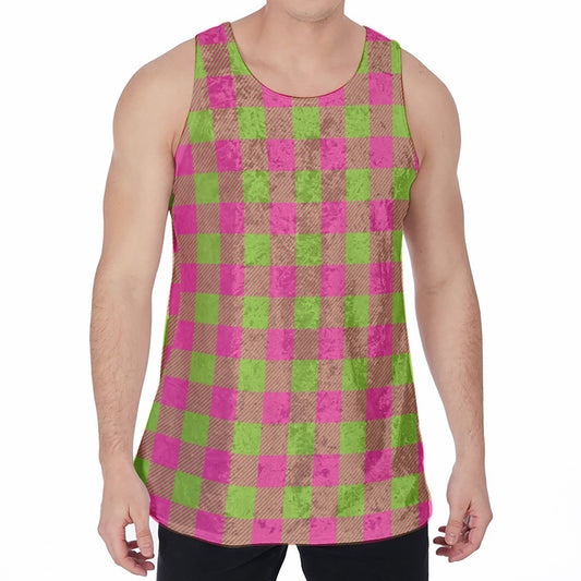 Pink And Green Buffalo Plaid Print Men's Velvet Tank Top