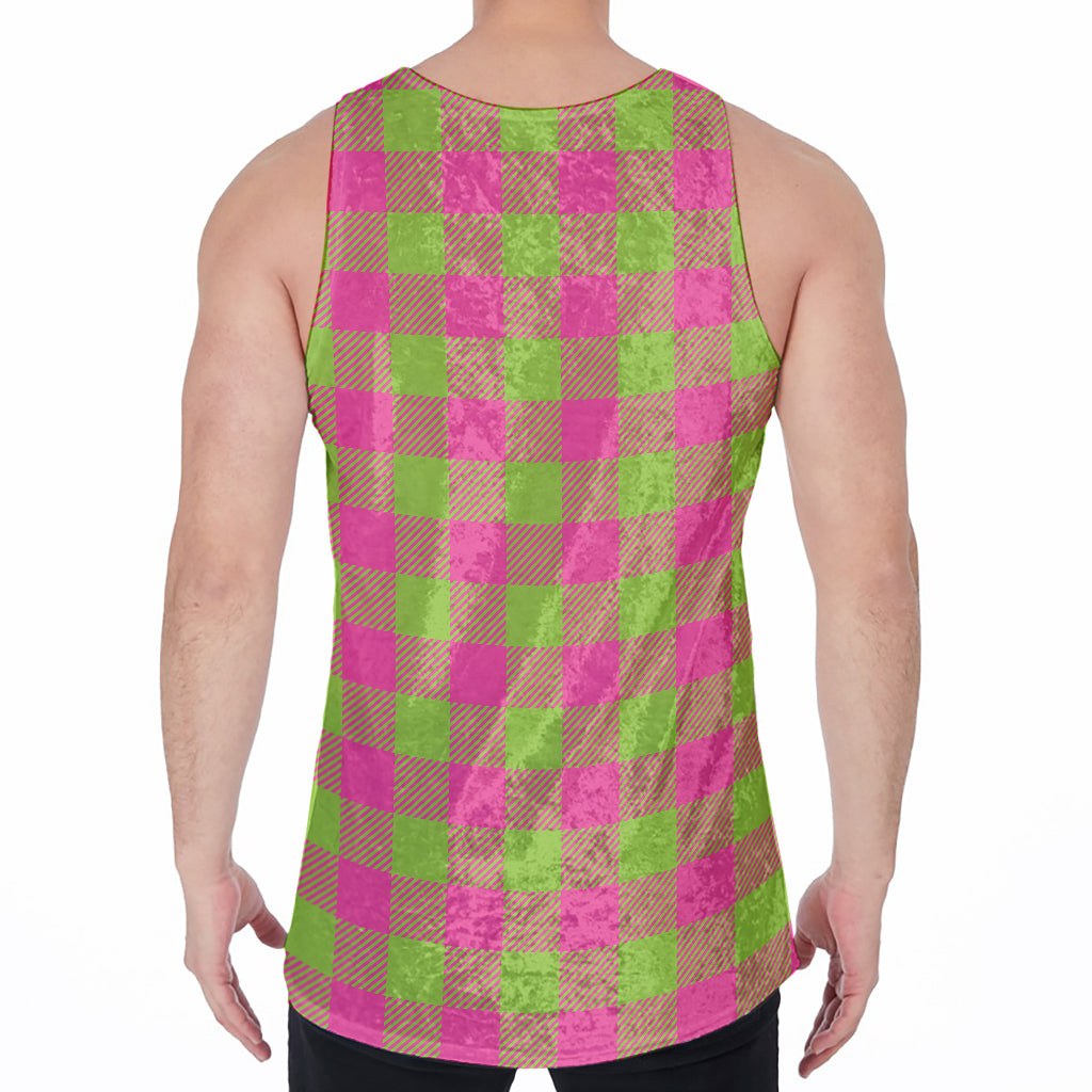 Pink And Green Buffalo Plaid Print Men's Velvet Tank Top