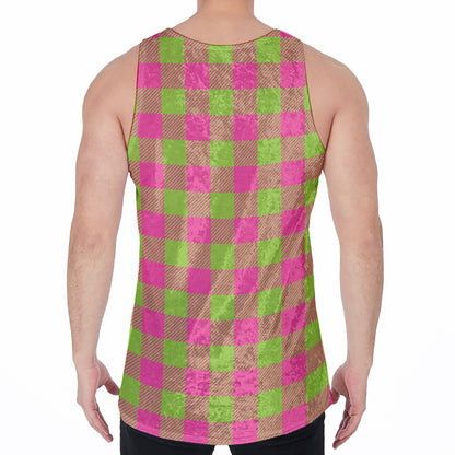 Pink And Green Buffalo Plaid Print Men's Velvet Tank Top