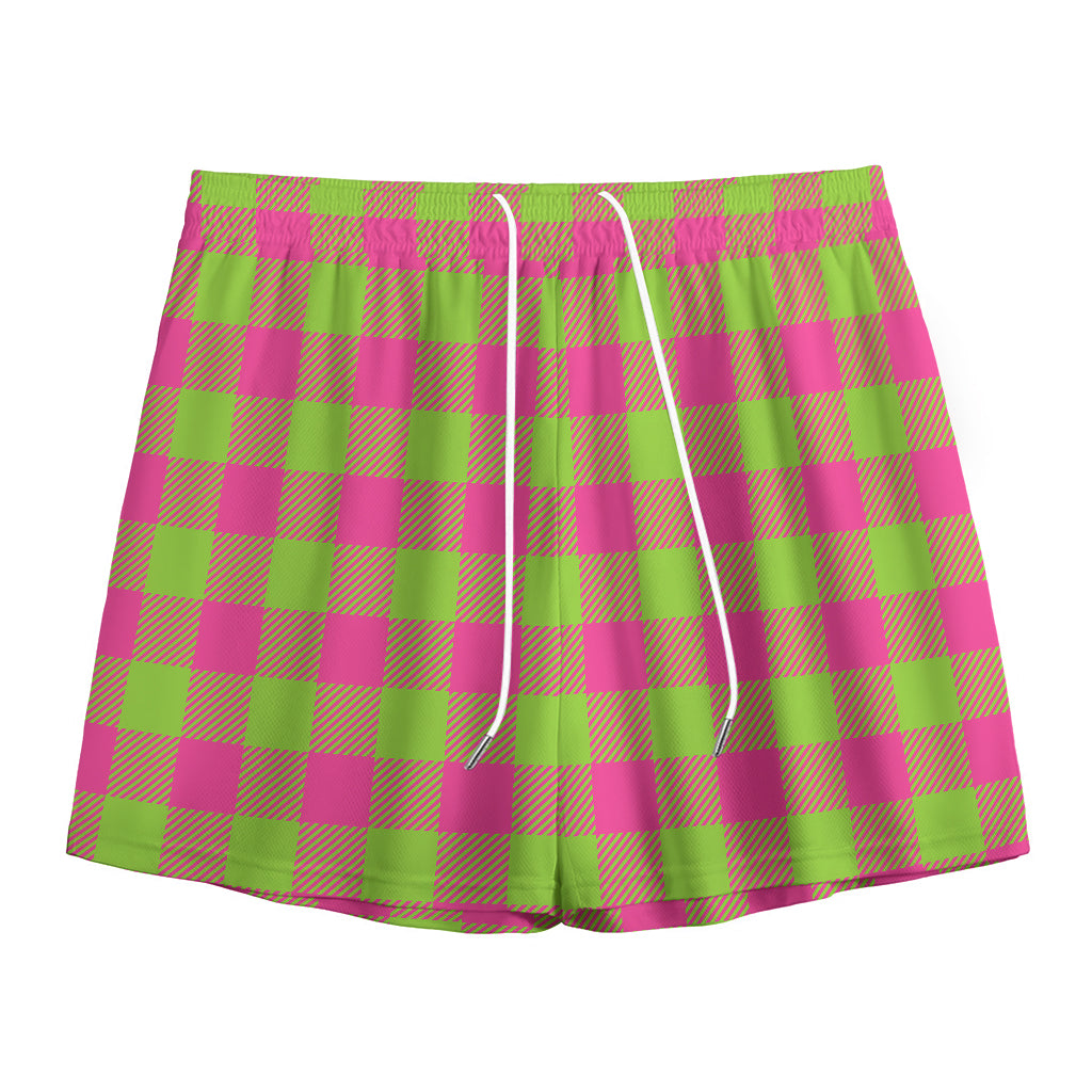 Pink And Green Buffalo Plaid Print Mesh Shorts