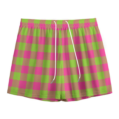 Pink And Green Buffalo Plaid Print Mesh Shorts