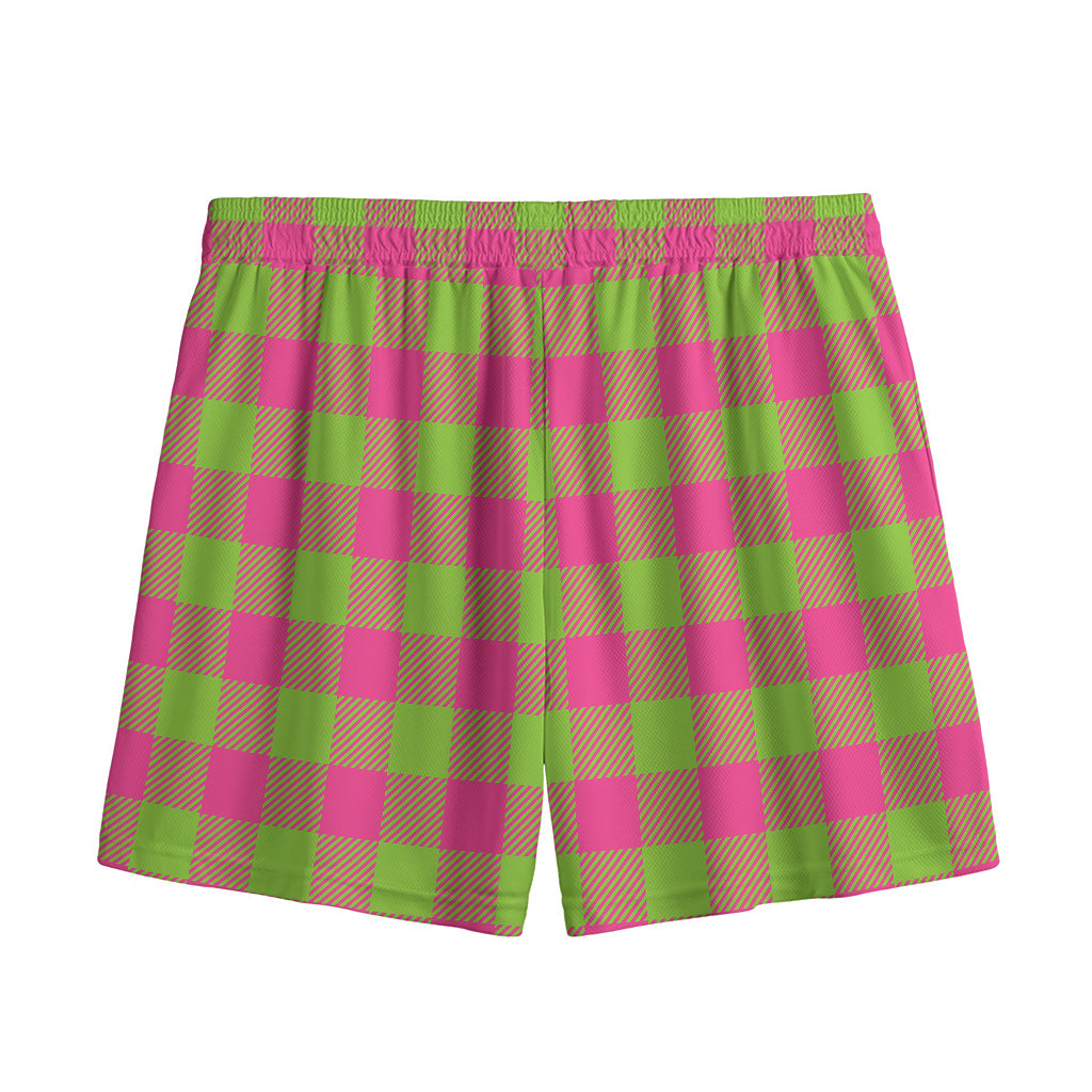 Pink And Green Buffalo Plaid Print Mesh Shorts