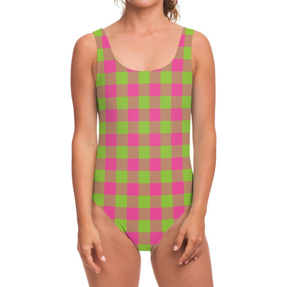 Pink And Green Buffalo Plaid Print One Piece Swimsuit