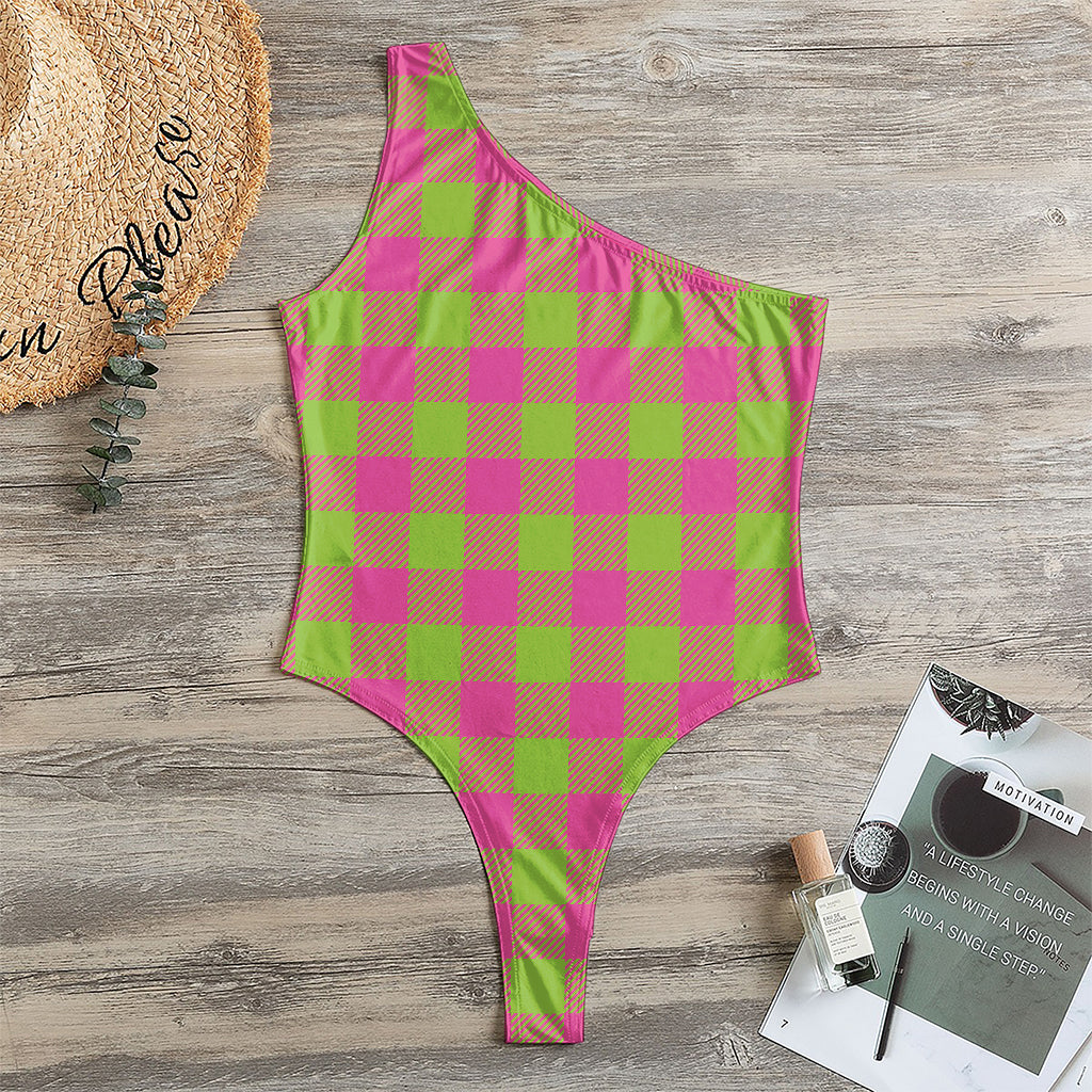 Pink And Green Buffalo Plaid Print One Shoulder Bodysuit
