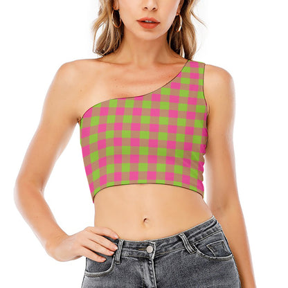 Pink And Green Buffalo Plaid Print One Shoulder Crop Top