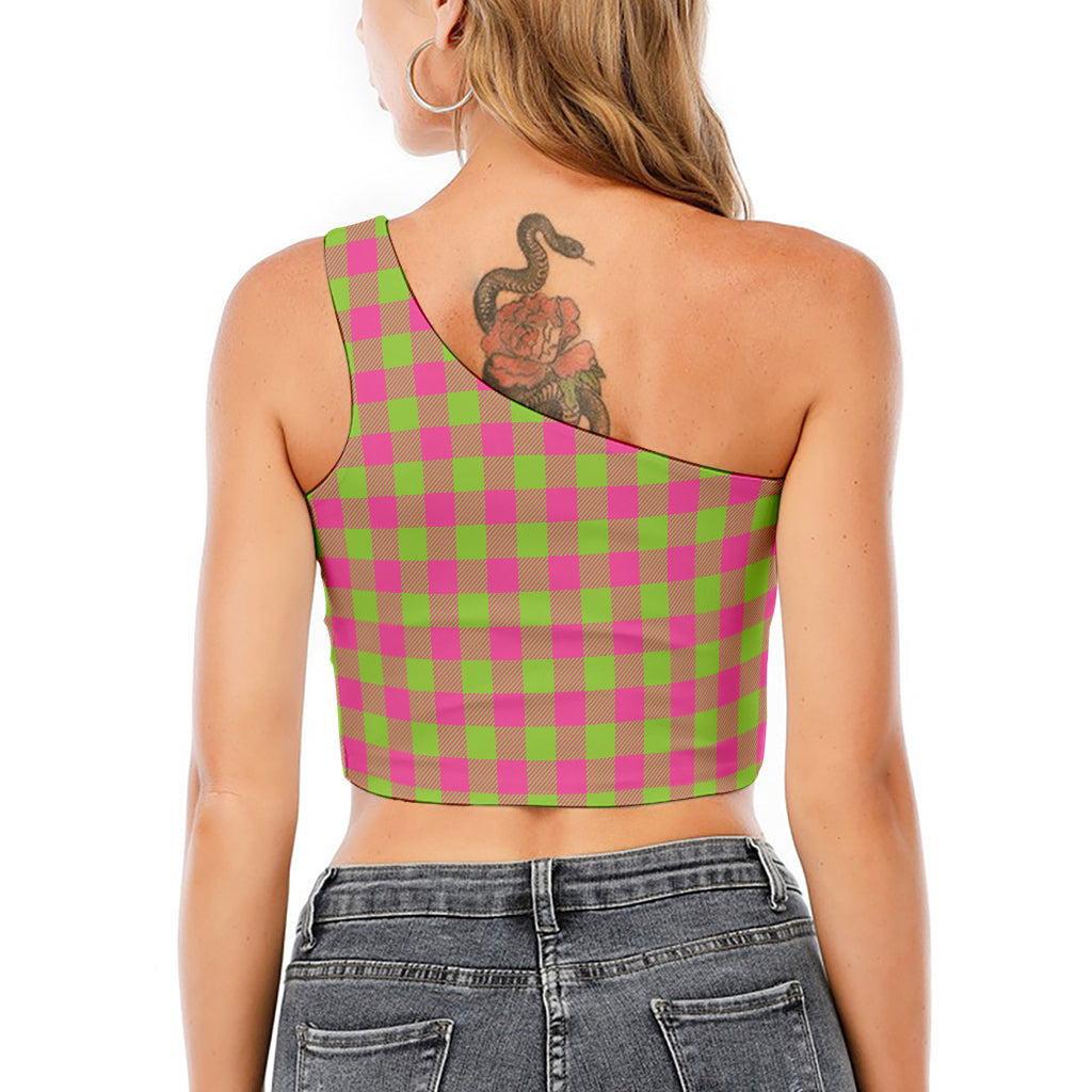 Pink And Green Buffalo Plaid Print One Shoulder Crop Top