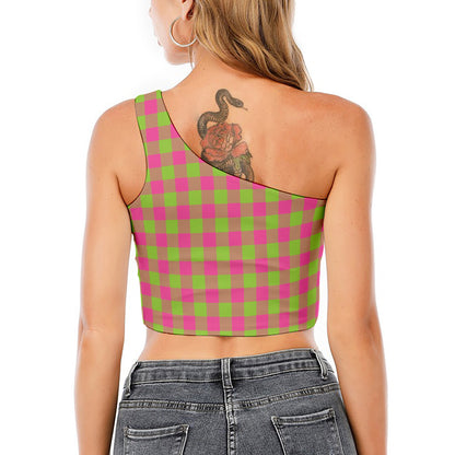 Pink And Green Buffalo Plaid Print One Shoulder Crop Top