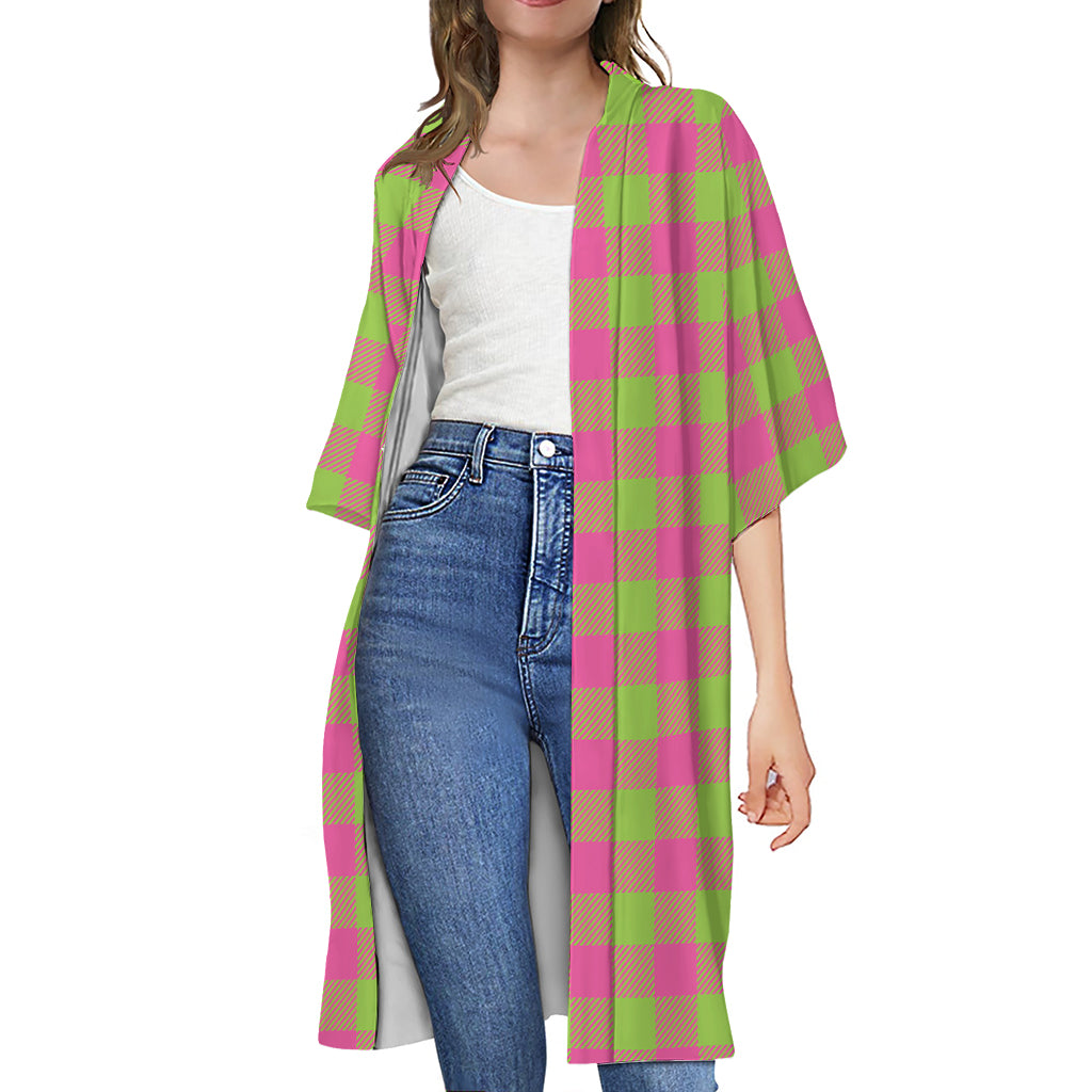Pink And Green Buffalo Plaid Print Open Front Beach Cover Up