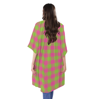 Pink And Green Buffalo Plaid Print Open Front Beach Cover Up
