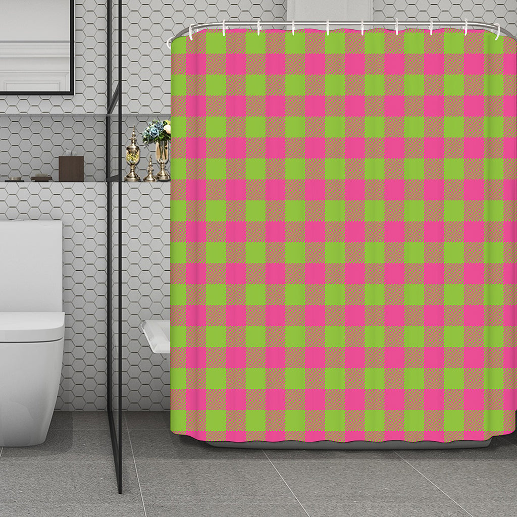 Pink And Green Buffalo Plaid Print Polyester Shower Curtain