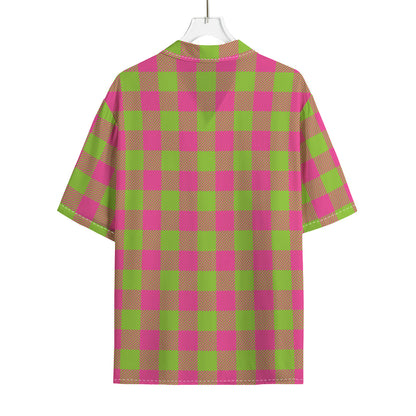 Pink And Green Buffalo Plaid Print Rayon Hawaiian Shirt