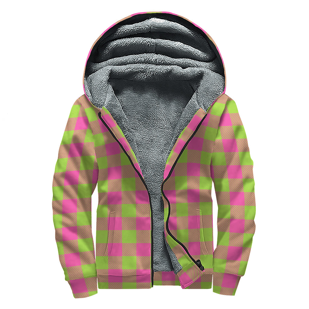 Pink And Green Buffalo Plaid Print Sherpa Lined Zip Up Hoodie