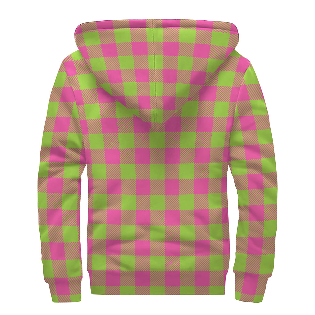 Pink And Green Buffalo Plaid Print Sherpa Lined Zip Up Hoodie