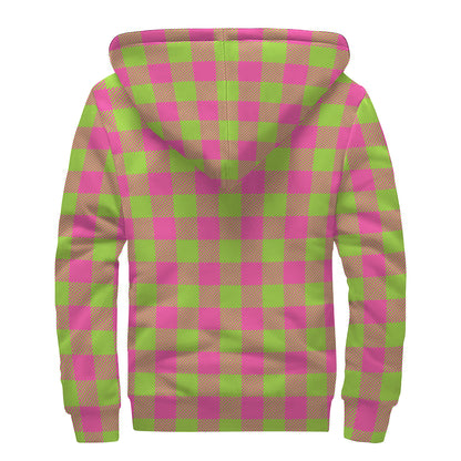 Pink And Green Buffalo Plaid Print Sherpa Lined Zip Up Hoodie