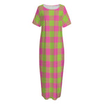 Pink And Green Buffalo Plaid Print Short Sleeve Long Nightdress