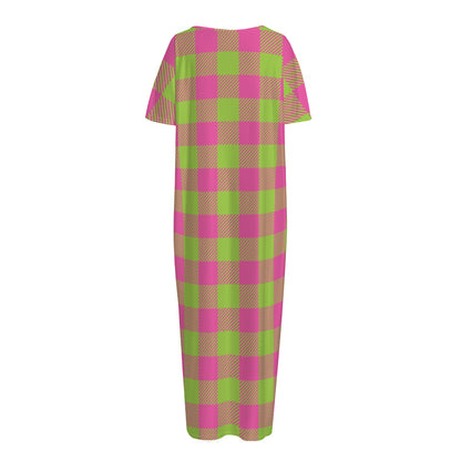 Pink And Green Buffalo Plaid Print Short Sleeve Long Nightdress