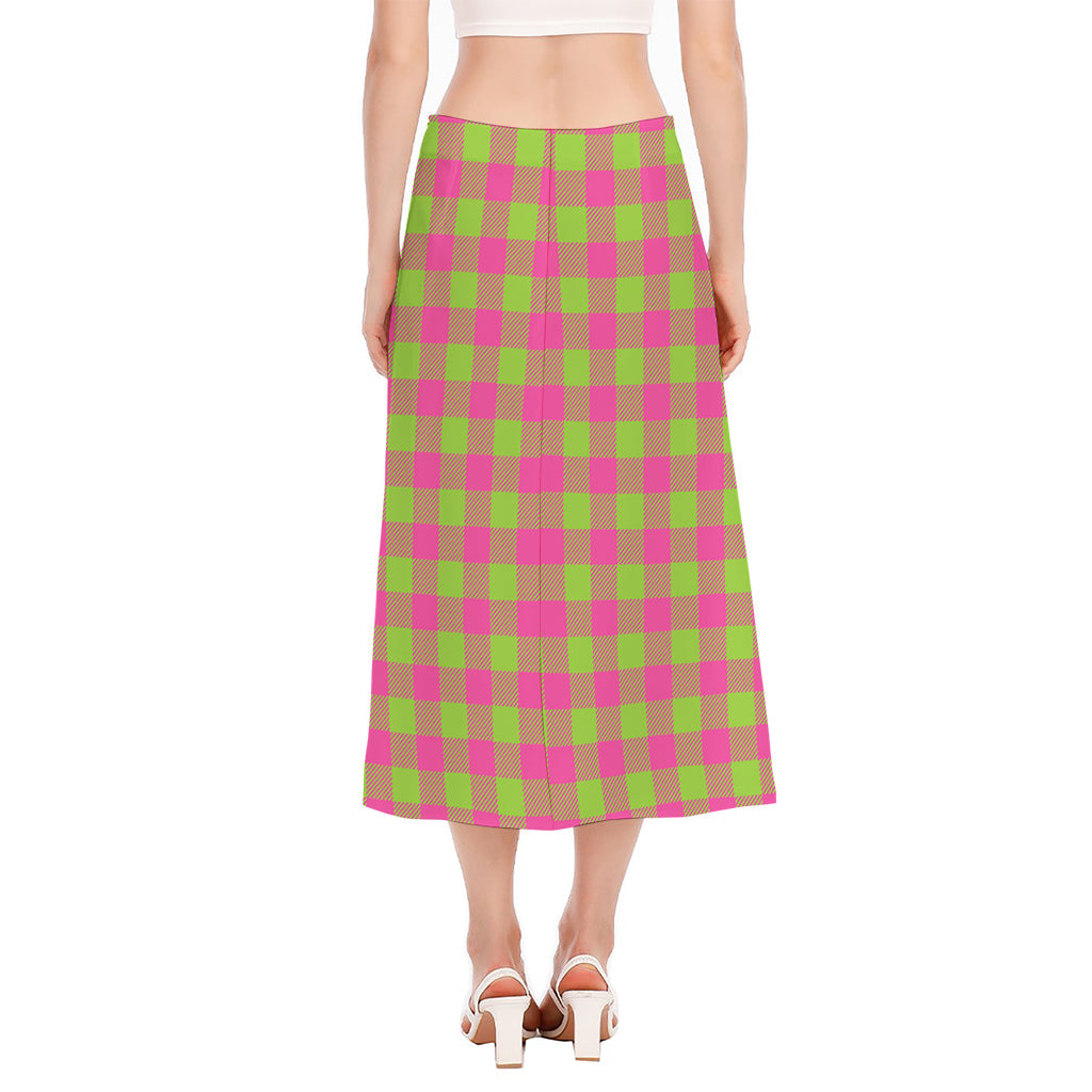 Pink And Green Buffalo Plaid Print Side Slit Midi Skirt
