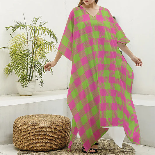 Pink And Green Buffalo Plaid Print Silk V-Neck Kaftan Dress