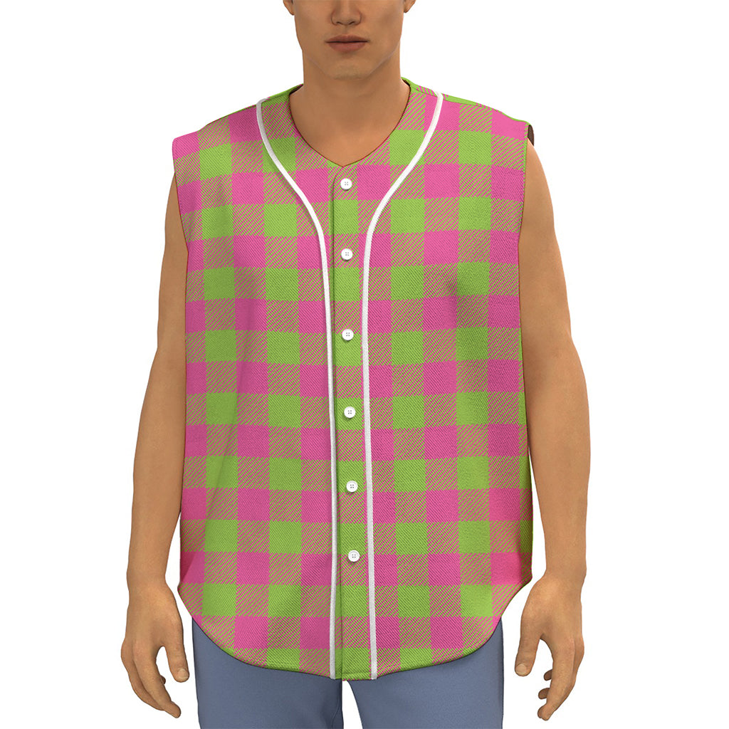 Pink And Green Buffalo Plaid Print Sleeveless Baseball Jersey