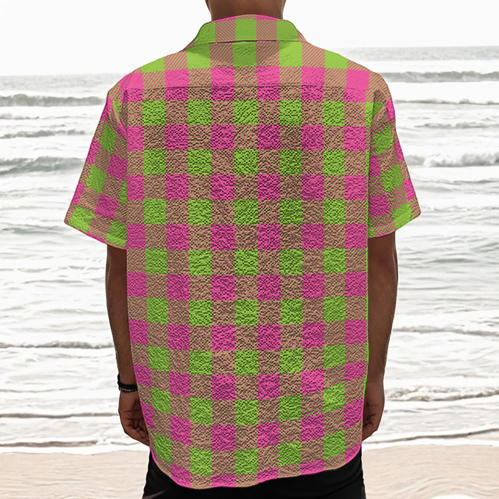Pink And Green Buffalo Plaid Print Textured Short Sleeve Shirt