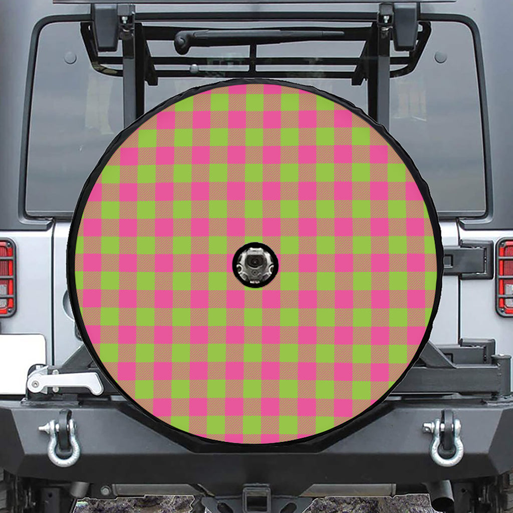 Pink And Green Buffalo Plaid Print Tire Cover With Camera Hole