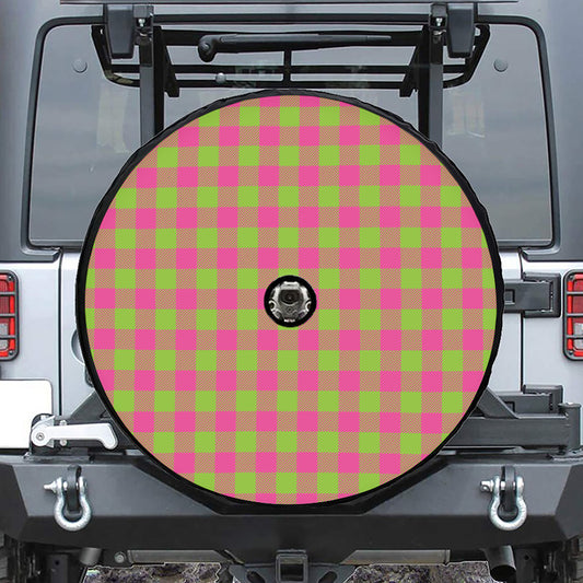 Pink And Green Buffalo Plaid Print Tire Cover With Camera Hole