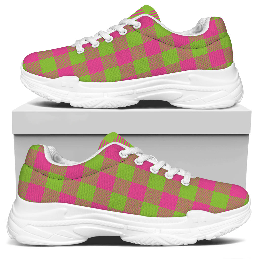 Pink And Green Buffalo Plaid Print White Chunky Shoes