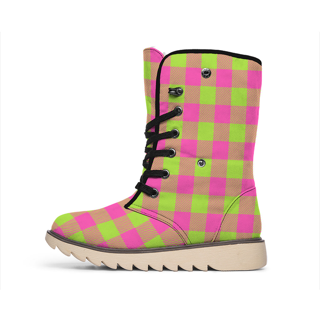 Pink And Green Buffalo Plaid Print Winter Boots