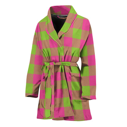 Pink And Green Buffalo Plaid Print Women's Bathrobe