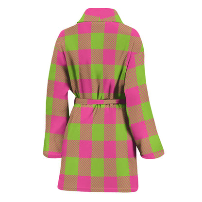 Pink And Green Buffalo Plaid Print Women's Bathrobe