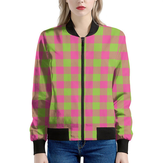 Pink And Green Buffalo Plaid Print Women's Bomber Jacket