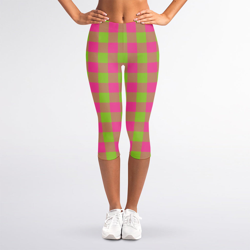 Pink And Green Buffalo Plaid Print Women's Capri Leggings