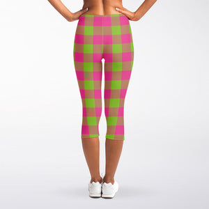 Pink And Green Buffalo Plaid Print Women's Capri Leggings