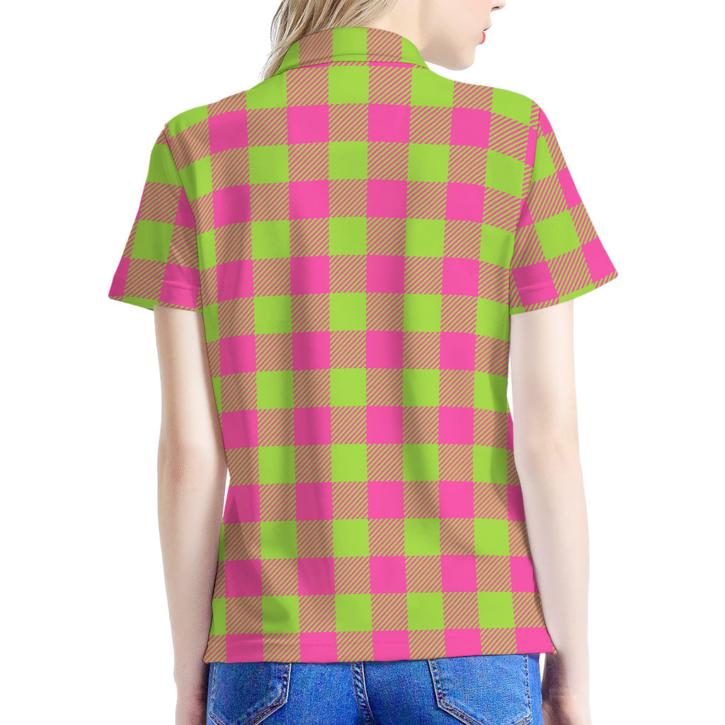 Pink And Green Buffalo Plaid Print Women's Polo Shirt