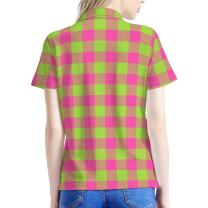 Pink And Green Buffalo Plaid Print Women's Polo Shirt