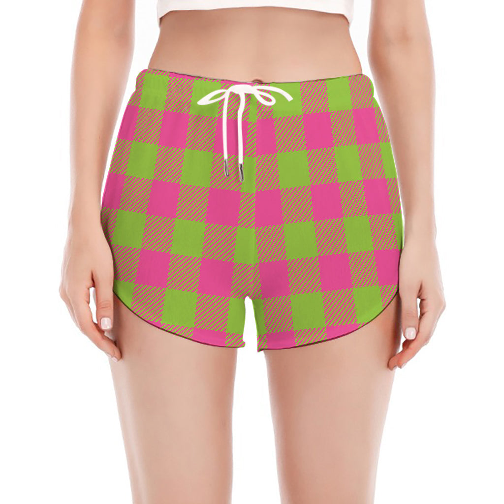 Pink And Green Buffalo Plaid Print Women's Split Running Shorts