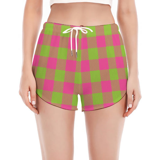 Pink And Green Buffalo Plaid Print Women's Split Running Shorts