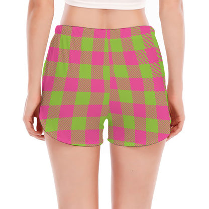 Pink And Green Buffalo Plaid Print Women's Split Running Shorts
