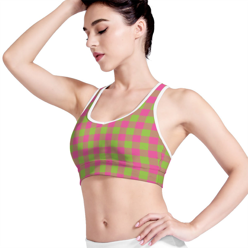 Pink And Green Buffalo Plaid Print Women's Sports Bra