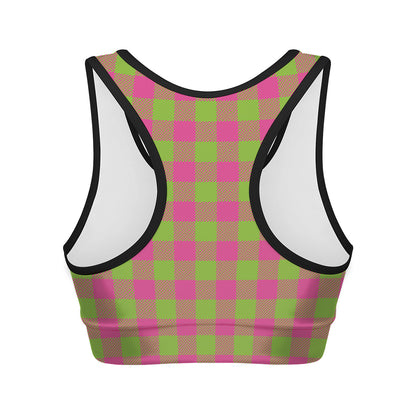 Pink And Green Buffalo Plaid Print Women's Sports Bra