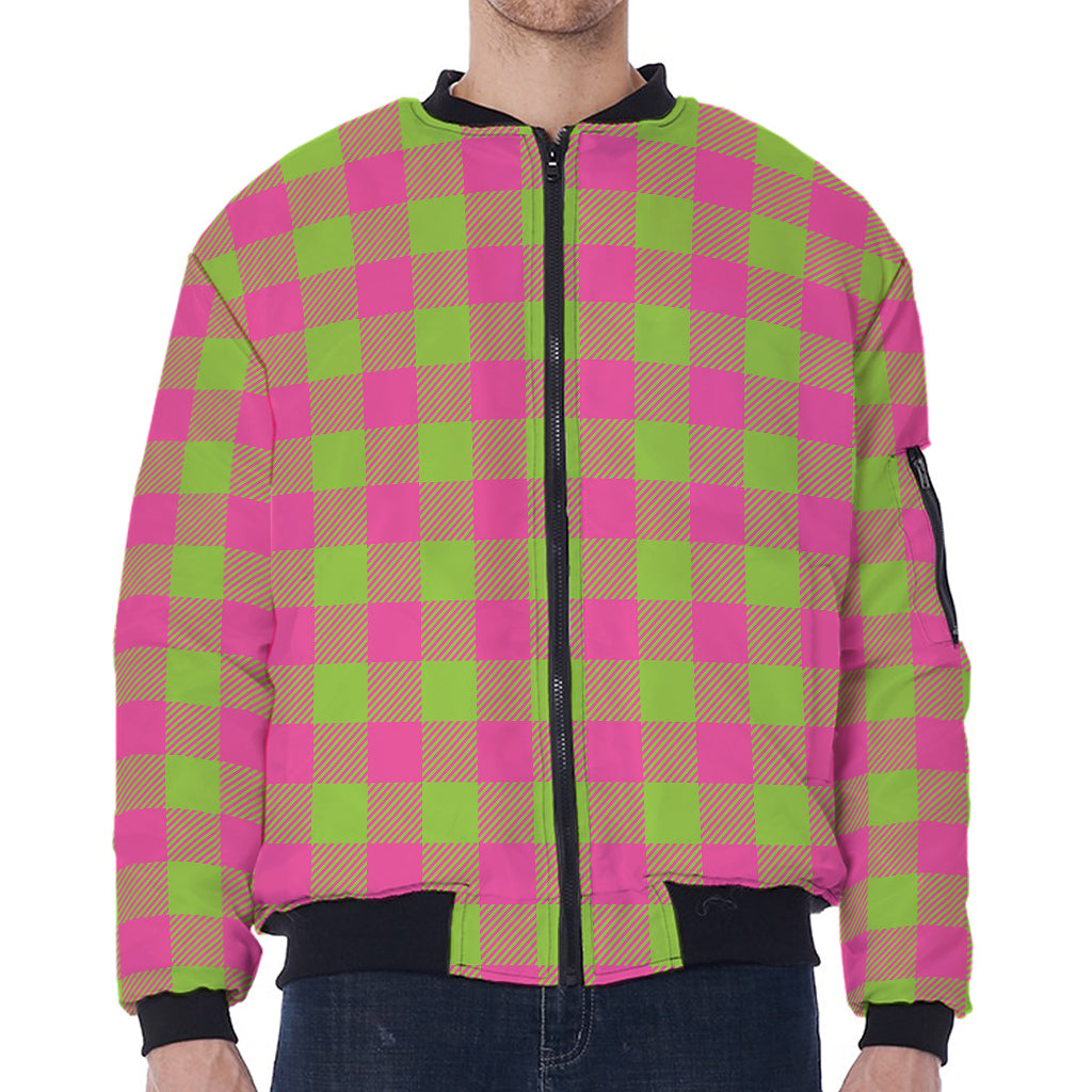 Pink And Green Buffalo Plaid Print Zip Sleeve Bomber Jacket